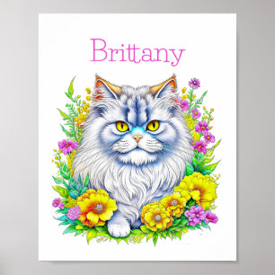 Perzische kat geel en roze bloemen gepersonaliseer poster