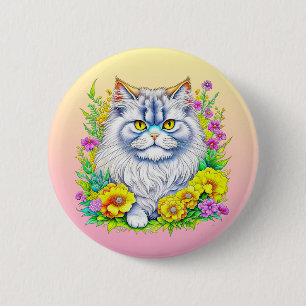 Perzische kat in bloemen gepersonaliseerd ronde button 5,7 cm