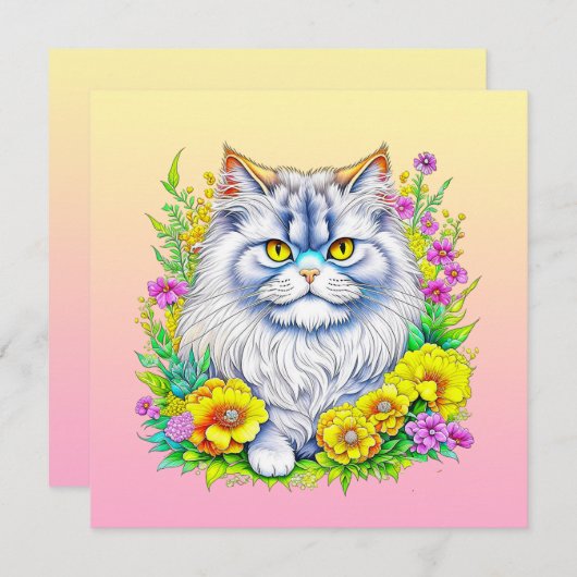 Perzische Kat in Geel en Roze Bloemen Blank (Voorkant / Achterkant)