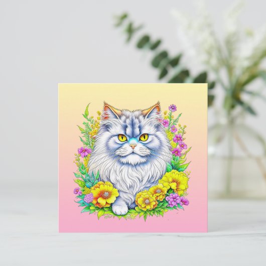 Perzische Kat in Geel en Roze Bloemen Blank (Staand voorkant)