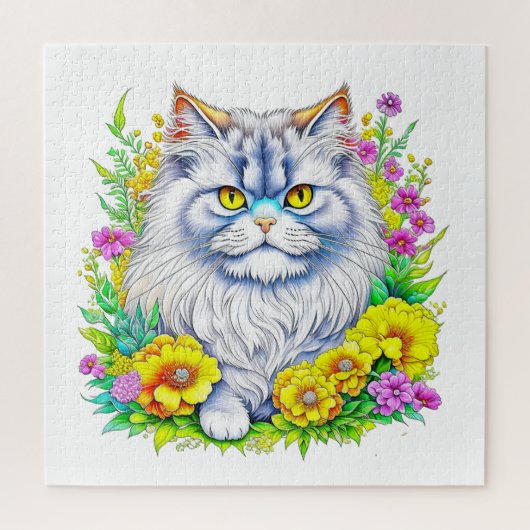 Perzische kat in gele en roze bloemen legpuzzel (Verticaal)
