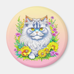 Perzische kat in gele en roze bloemen magneet