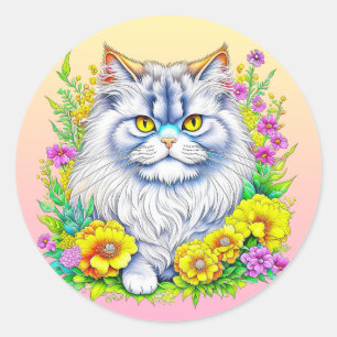 Perzische kat in gele en roze bloemen ronde sticker