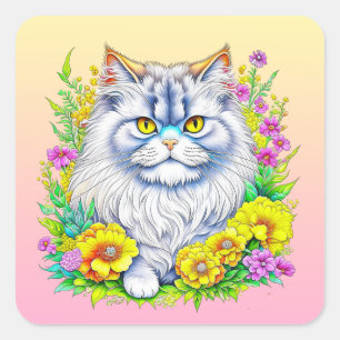 Perzische kat in gele en roze bloemen vierkante sticker