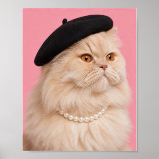 Perzische kat in parelketting en baret poster