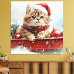 Perzische kat in slee Laat het sneeuwen Kerstmis Canvas Afdruk