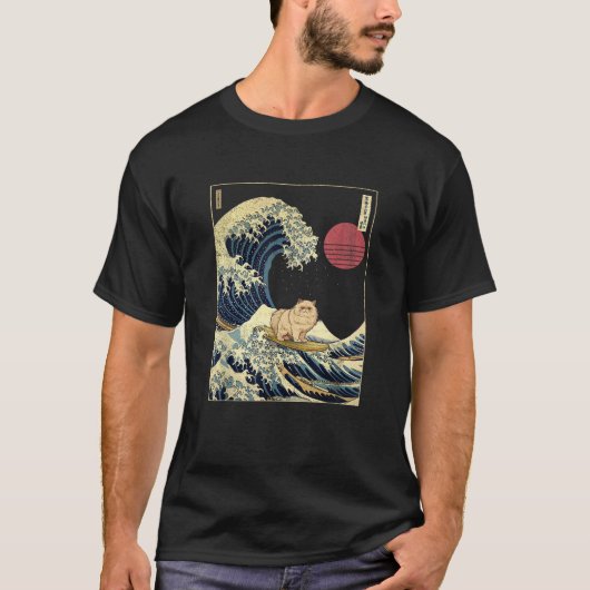 Perzische kat Japans Kanagawa Wave Funny Surf Anim T-shirt (Voorkant)