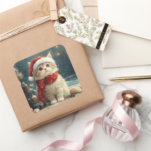 Perzische Kat Kerst Strand Vierkante Sticker (Geschenken)