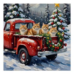 Perzische Kat Kerstmis Rode Truck Vakantie Perfect Poster