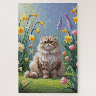 Perzische kat lente bloemen schilderen legpuzzel