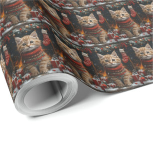 Perzische Kat Met Kerstcadeaus Open Haard Cadeaupapier