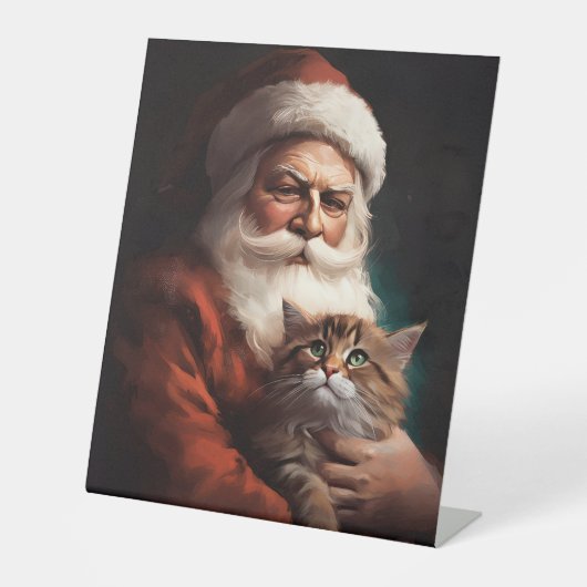 Perzische Kat Met Sinterklaas Feestelijke Kerstmis Reclamebord Met Voetstuk (Voorkant)