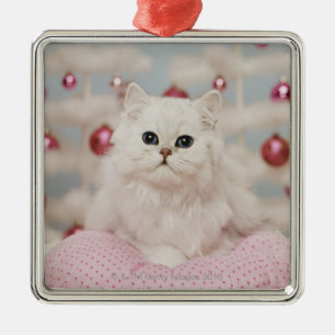 Perzische kat op roze kussen metalen ornament