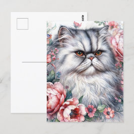 Perzische Kat Roze Bloemen Waterverf Art Briefkaart