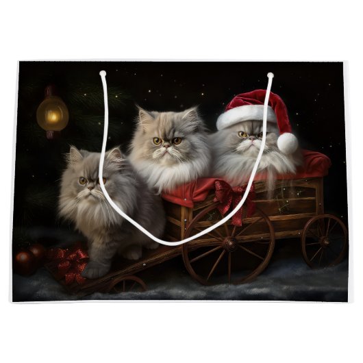 Perzische Kat Snowy Sleigh Kerstmisdecor Groot Cadeauzakje (Voorkant)