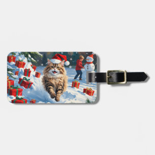 Perzische kat zit in de sneeuw met kerstmuts bagagelabel