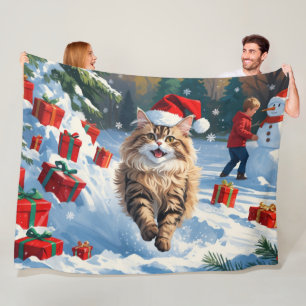 Perzische kat zit in de sneeuw met kerstmuts fleece deken