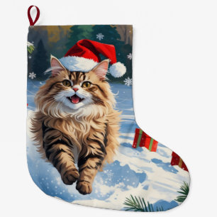 Perzische kat zit in de sneeuw met kerstmuts grote kerstsok