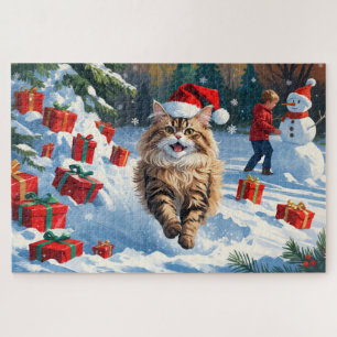 Perzische kat zit in de sneeuw met kerstmuts legpuzzel