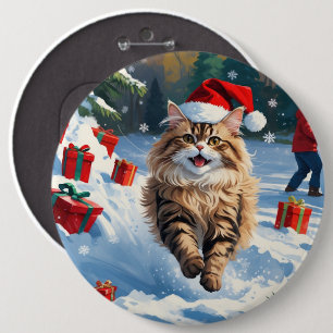 Perzische kat zit in de sneeuw met kerstmuts ronde button 6,0 cm