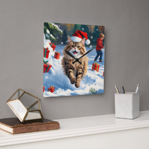 Perzische kat zit in de sneeuw met kerstmuts vierkante klok