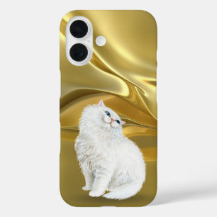 Perzische witte kat op gouden satijn iPhone 16 hoesje
