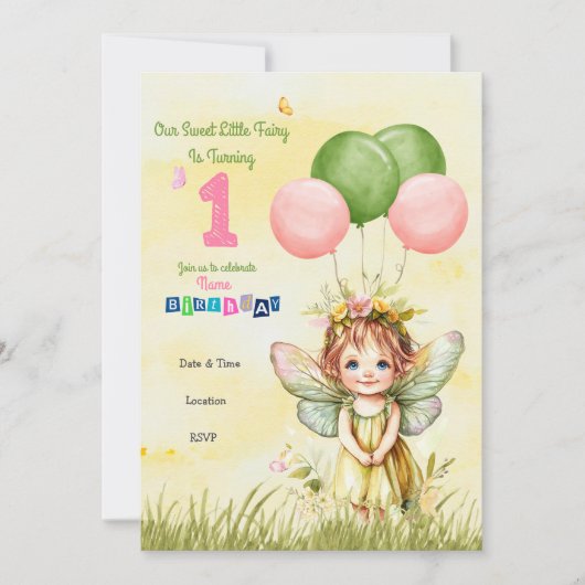 Pesonalized Sweet Fairy First Birthday Invitation (Devant)