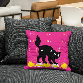 Pet Black Cat op roze wit geel Schattige modern Kussen