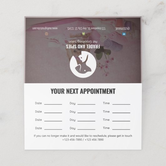 Pet Care Appointment Card with Logo & Cute Animal Afsprakenkaart (Buitenkant ongevouwen)