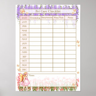 Pet Care Checklist Log Flower Fairy Girl in de tui Poster