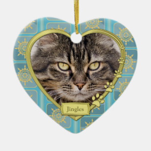 Pet Cat Memorial Blue Gold Heart Keramisch Ornament