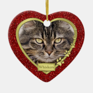 Pet Cat Memorial Rood Goud Hart Foto Kerstmis Keramisch Ornament