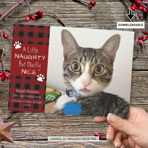Pet Cat Naughty Nice Red Black Plaid Feestdagenkaart