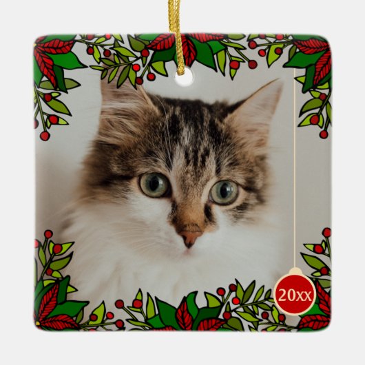 Pet Chat Poinsettia Année Boule de Noël Ornement (Devant)