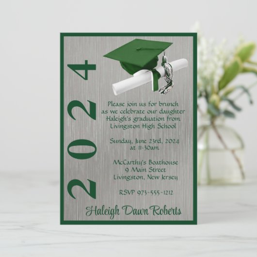 Pet & Diploma 5x7 Groen en Zilver Afstuderen Kaart (Staand voorkant)
