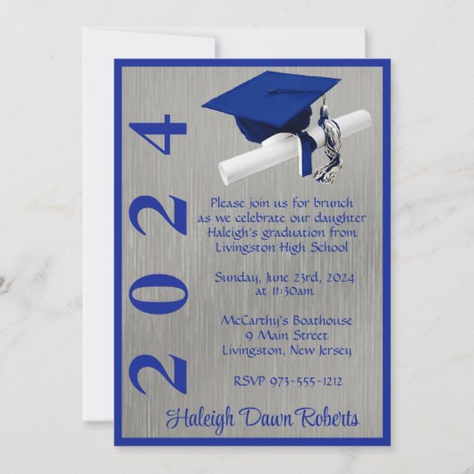 Pet & Diploma 5x7 Royal Blue en Silver Afstuderen Kaart (Voorkant)
