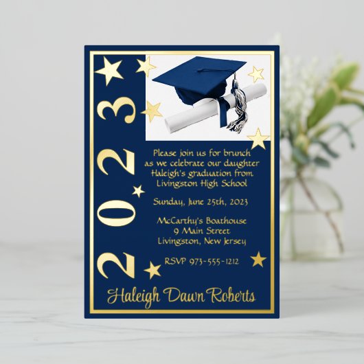 Pet, Diploma en sterren, donkerblauw en goudblauw  Folie Uitnodiging (Staand Voorkant)