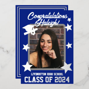 Pet, Diploma, Sterren Koninklijk Blauw & Zilver Af Folie Uitnodiging