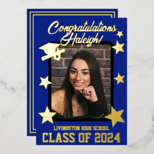 Pet, diploma & sterren, Royal Blue & Gold Afstuder Folie Uitnodiging