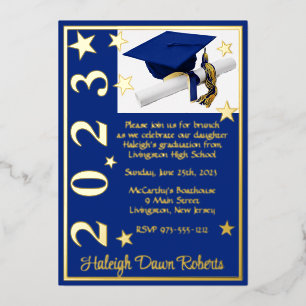 Pet, diploma & sterren, Royal Blue & Gold Afstuder Folie Uitnodiging
