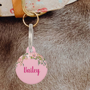 Pet Dog Cat Custom Label Roze Bloemen Huisdierpenning