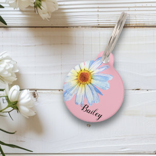 Pet Dog Cat Modern Pink Daisy ID Aanpassen Huisdierpenning