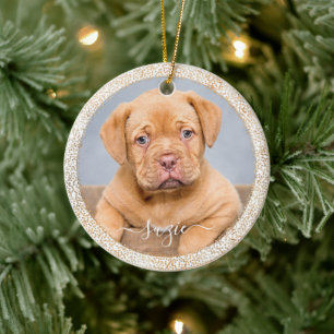 Pet Dog Foto Gold Glitter op White Keramisch Ornament