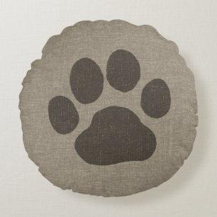 Pet Dog Paw Print Faux Linen Burlap Style Rond Kussen