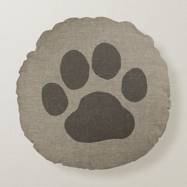 Pet Dog Paw Print | Faux Linen Burlap Style Rond Kussen (Voorkant)