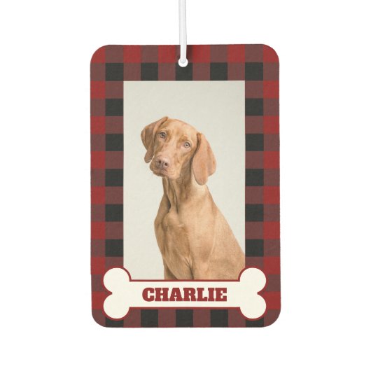Pet Dog Photo & Name on Red & Black Buffalo Plaid Luchtverfrisser (Voorkant)
