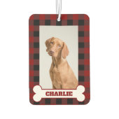 Pet Dog Photo & Name on Red & Black Buffalo Plaid Luchtverfrisser (Achterkant)