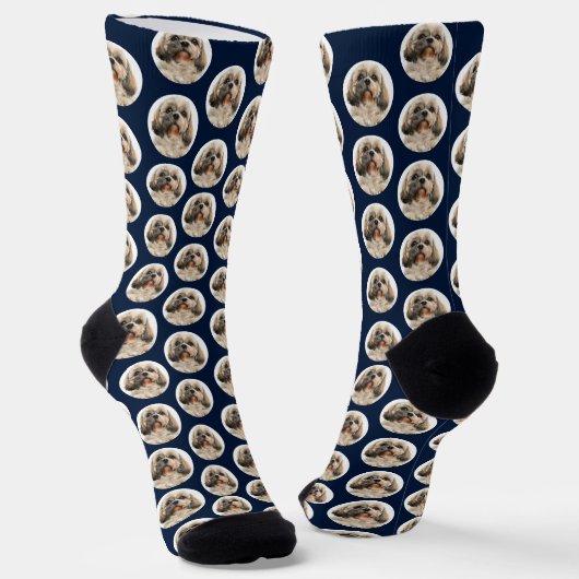Pet Dog Photo Pattern Navy Blue Birthday Sokken (Gebogen)