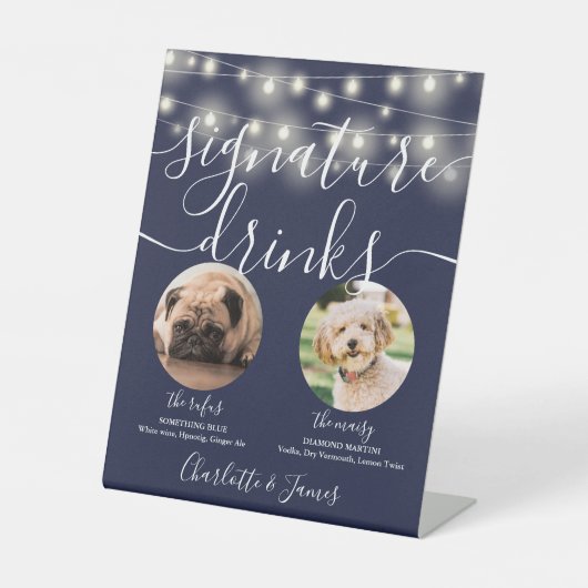 Pet Dog Signature Drink String Lights Navy Blue Reclamebord Met Voetstuk (Voorkant)