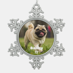 Pet Dog Simple Paw Print Custom Name Photo Tin Sneeuwvlok Ornament